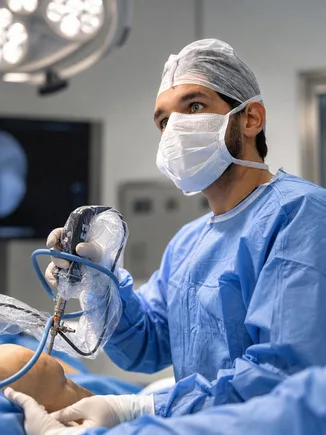 Dr. Leonardo realizando procedimento guiado por ultrassom